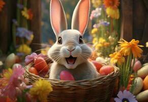 Ai generative photo happy bunny with many easter eggs on grass festive background for decorative design
