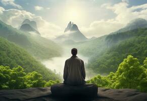 ai generativo foto de un hombre practicando atención plena y meditación en un pacífico natural ambiente sony a7s realista imagen, ultra alta definición, alto diseño muy detallado