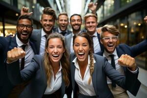 Ai Generative group of happy business man and business women, dressed in suits are smiling, in the office photo