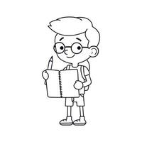 Smiling schoolboy standing and holding a copybook with pencil. Back to school poster, day of knowledge, student and education, 1st september, autumn. Outline simple vector illlustration.