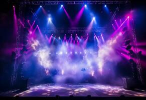 Ai generative Concert Stage Scenery With Spotlights Colored Lights Smoke photo