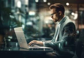 Ai generative double exposure photo of a business man using laptop on his desk front view office background realistic image, ultra hd, high design very detailed