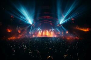 Ai generative Crowded Concert Stage Scenery With Spotlights and Colored Lights realistic image, ultra hd photo