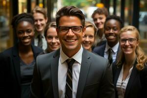 Ai Generative group of happy business man and business women, dressed in suits are smiling, in the office photo