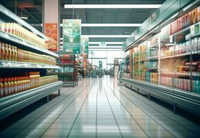 Ai generative Blurry shopping shelves in supermarkets and department stores realistic image ultra hd high design photo