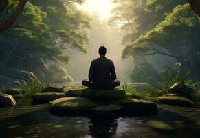 ai generativo foto de un hombre practicando atención plena y meditación en un pacífico natural ambiente sony a7s realista imagen, ultra alta definición, alto diseño muy detallado