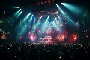 Ai generative Crowded Concert Stage Scenery With Spotlights and Colored Lights realistic image, ultra hd photo