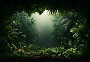 Beautiful jungle background with border made of tropical leaves backdrop with copy space photo