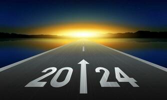 2024 New Year Background Design. Text 2024 written on the road in the middle of asphalt road at sunrise. vector