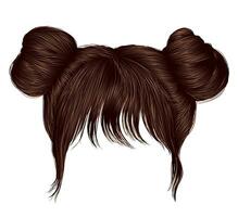 two buns  hairs with fringe brunette brown  dark colors . colors . women fashion beauty style . vector
