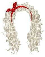 long curly hairs  with red bow. light blond  colors .beauty fashion style . vector