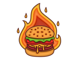 3d burger cheese with fire cartoon on a transparent background png