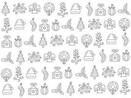 Christmas icon set with snowflakes, hats, star, Christmas tree, balls, orange, sock, gift, drink and garlands. Vector icons for business and holidays