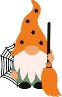 Gnome with the sweep and spider web for Halloween Day. vector