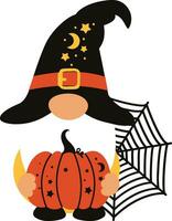 Gnome with pumpkin, spider web and witch hat for Halloween Day. vector