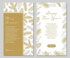 Two side Merry Christmas and Happy New Year vertical greeting card with hand drawn golden botany element. Vector illustration in sketch style. Festive backgrounds. Social media stories templates