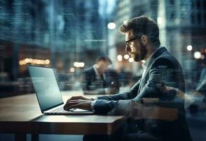 Ai generative double exposure photo of a business man using laptop on his desk front view office background realistic image, ultra hd, high design very detailed