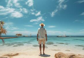 ai generativo espalda ver joven turista hombre en verano vestir y sombrero en pie en hermosa arenoso playa. disfrutando. foto