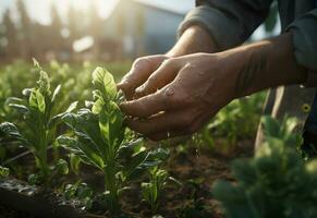 ai generativo agricultores manos terminado granja plantas realista imagen, ultra alta definición, alto diseño muy detallado foto