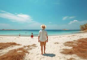 Ai generative back view young tourist man in summer dress and hat standing on beautiful sandy beach. enjoying. photo