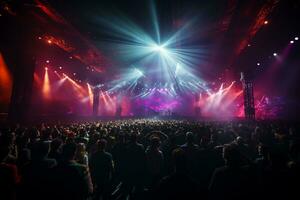 Ai generative Crowded Concert Stage Scenery With Spotlights and Colored Lights realistic image, ultra hd photo