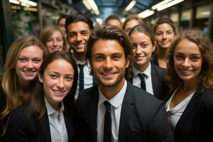 ai generativo grupo de contento negocio hombre y negocio mujer, vestido en trajes son sonriente, en el oficina foto