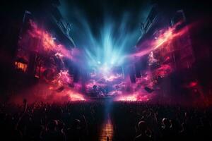 Ai generative Crowded Concert Stage Scenery With Spotlights and Colored Lights realistic image, ultra hd photo