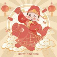 Cute God of Wealth in the New Year, holding ingots and red envelopes on koi fish vector