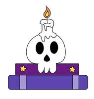 Skull candle on the books. Human skull candlestick. Magic and esoteric book. Halloween symbol. Vector flat illustration.