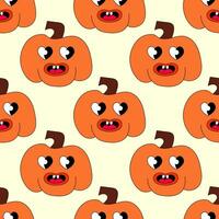 Retro 70s 60s 80s Hippie Groovy Halloween seamless pattern with smile pumpkins. Vector flat illustration.