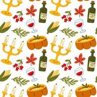 Seamless pattern happy Thanksgiving with festive items in a flat style. Hand-drawn background with pumpkin soup, wine, corn, candles, leaves. Vector illustration for design, fabric or wrapping paper