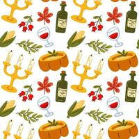 Seamless pattern happy Thanksgiving with festive items in a flat style. Hand-drawn background with pumpkin soup, wine, corn, candles, leaves. Vector illustration for design, fabric or wrapping paper