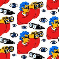 The pattern is a man with binoculars in search. The concept of choosing a path, the search for an alternative. A man or a student looks through binoculars and looks for something. private detective vector