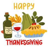 Thanksgiving day with pumpkin, pie, bottle and glass of wine, flat vector illustration. Green pumpkin with autumn leaves. Vector flat illustration. Sublimation printing on a white background