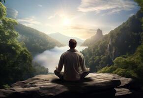 ai generative photo of a man practicing mindfulness and meditation in a peaceful natural environment sony A7s realistic image, ultra hd, high design very detailed