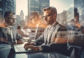 Ai generative double exposure photo of a business man using laptop on his desk front view office background realistic image, ultra hd, high design very detailed