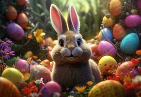 Ai generative photo happy bunny with many easter eggs on grass festive background for decorative design