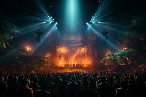 Ai generative Crowded Concert Stage Scenery With Spotlights and Colored Lights realistic image, ultra hd photo