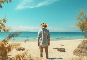 Ai generative back view young tourist man in summer dress and hat standing on beautiful sandy beach. enjoying. photo