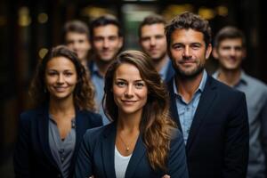 Ai Generative group of happy business man and business women, dressed in suits are smiling, in the office photo