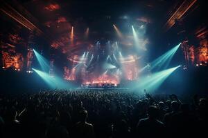 Ai generative Crowded Concert Stage Scenery With Spotlights and Colored Lights realistic image, ultra hd photo