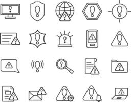 Warning icons set. Collection of linear simple web icons such as Exclamation Mark, Warning Sign, Security, Error, Attack, Stop, Notification and others. Editable vector stroke.