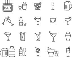 Alcohol and cocktails icon set. Collection of linear simple web icons such as glasses, spirits, beer, bar, champagne, whiskey, wine etc. Editable vector stroke.