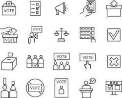 Voting and Election Icons Set. Collection of linear simple web icons such as Form, Online Voting, Debate, Candidate Rating, Vote Count and others. Editable vector stroke.