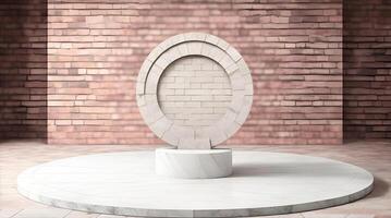 AI Generative, pedestal backdrop with a natural stone and brickwall show scene, minimalist podium background, abstract empty product display photo