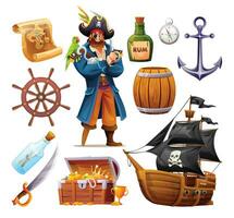 Set of pirate character, anchor, barrel, treasure chest and ship. Pirate elements vector cartoon illustration