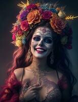 AI Generative, beautiful woman with painted skull on her face for Mexico's Day of the Dead photo