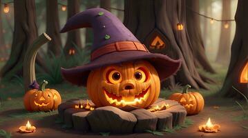 AI Generative, Cute 3D Halloween Background with pumpkin jack o lantern photo