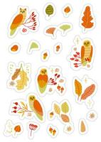 Stickers set A4 A5 with autumn elements - leaves, owls, berries. Isolated fall coloured elements with silhouettes vector