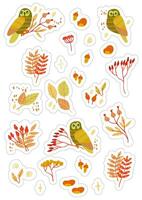 Stickers set A4 A5 with autumn elements - leaves, owls, berries. Isolated fall coloured elements with silhouettes vector